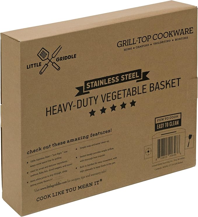 LITTLE GRIDDLE - GT-135 Grill Basket, High sidewalls with built-in handles, Heavy Duty, Stainless Steel Material and Vented Design, Durable and Easy to Clean - Silver