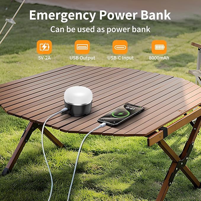 LED Camping Lantern Rechargeable, 1000LM Tent Light with 12 RGB Lighting Modes, 8000mAh Power Bank, Waterproof, Mini Flashlight with Magnetic Base for Emergency, Power Outages, Hiking, Home