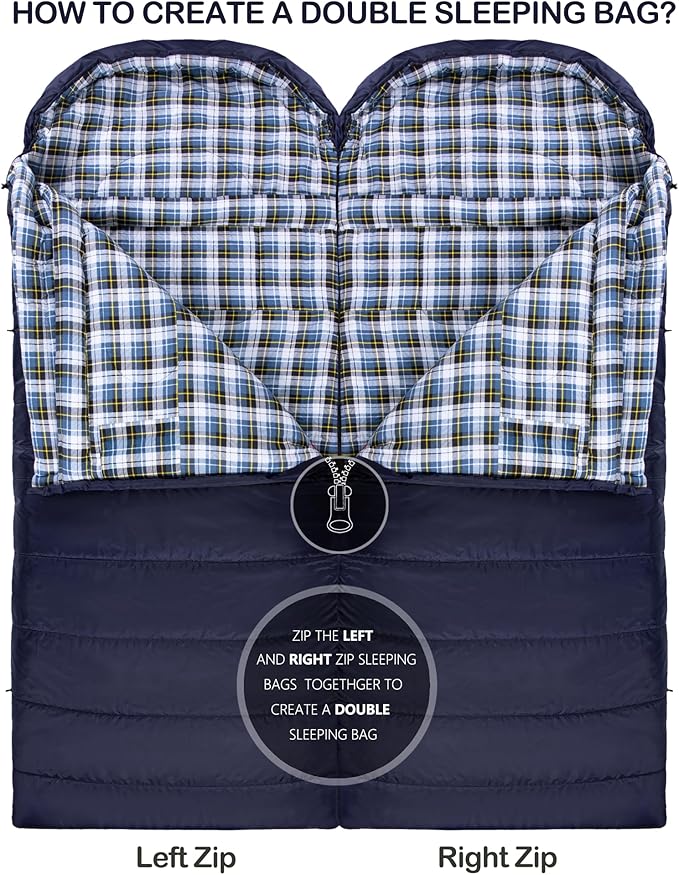 0 Degree Sleeping Bag 100% Cotton Flannel XXL for Adults Big and Tall Cold Weather Winter Zero Degree Camping,Free Compression Sack