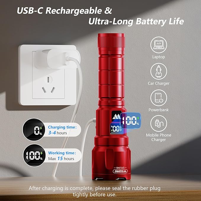 WdtPro LED Rechargeable Flashlight 2 Pack, Super Bright Zoomable 6000 Lumens Tactical Flashlight with LCD Digital Display, 3 Mode Waterproof Flash Light for Camping, Hunting & Home Emergency - Red