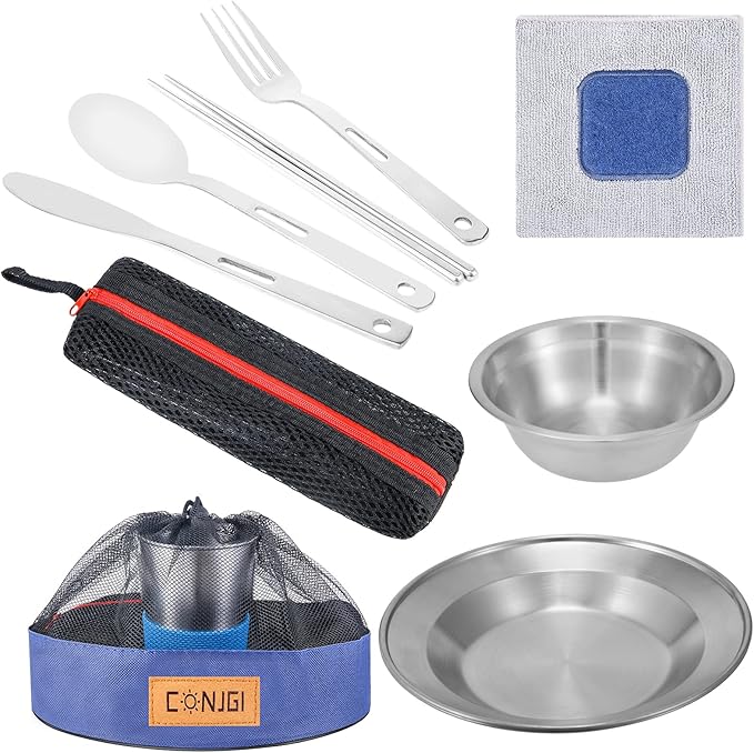 Outdoor Camping Mess Kit - 1 to 2 persons Camping Dishes Includes Cups, Bowls, Dishes, Knives, Forks, Spoons, Etc, Camping Dinnerware Set with Mesh Bag is Easy to Carry Camping Tableware Set