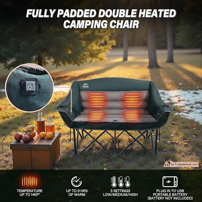 Heated Double Camping Chairs,3 Heat Levels Padded Portable Loveseat w/Wine Glass Holder,Cup Holder,Heating Outdoor Camp Couch Support 600 Lbs,Dark Green,Battery NOT Included