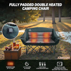 Heated Double Camping Chairs,3 Heat Levels Padded Portable Loveseat w/Wine Glass Holder,Cup Holder,Heating Outdoor Camp Couch Support 600 Lbs,Dark Green,Battery NOT Included