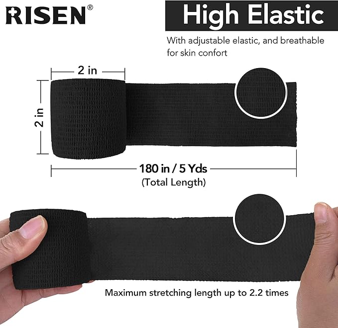 RISEN Cohesive Bandage 2” x 5 Yards, 6 Rolls, Self Adherent Wrap Medical Tape, Adhesive Flexible Breathable First Aid Gauze Ideal for Stretch Athletic