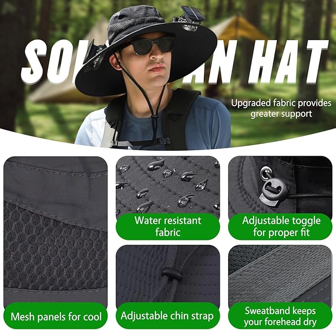 Solar Fan Hat for Men,Wide Brim Sun Hat with 3 Solar Fans,Neck Gaiter and Arm Sleeves,Fishing Hat with Solar Fans Built in,Outdoor Fishing Hiking Gardening Cool Hats Black