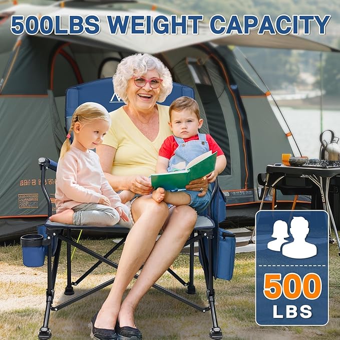 MENOLY Oversized Folding Camping Chair, 500lbs Support Max with Cooler Bag, Multiple Side Pockets & Cup Holder, Heavy Duty Camping Chairs for Adults for Camping, Beach, Fishing