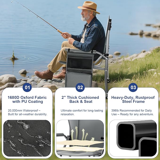 XL Heavy Duty Camping Chair 396lb Capacity (525lb Max) – Waterproof 1680D Oxford Fabric, 2" Padded Seat & Back, Cup Holder, Cooler Pocket, Portable for Camping, Beach & Tailgating (Slate/Black)