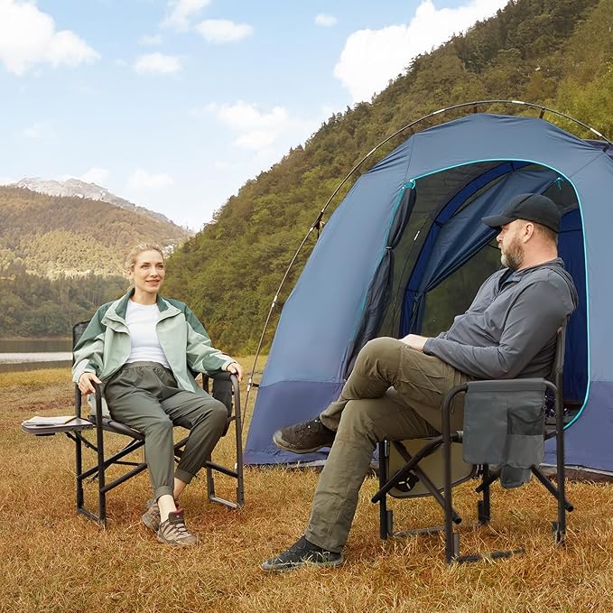 TIMBER RIDGE Heated Aluminum Oversized Camping Chair, Lightweight Portable Directors Chair with Side Table Detachable Side Pocket for Outdoor Camping, Lawn, Picnic, Support 400lbs Gray, 2 Pack