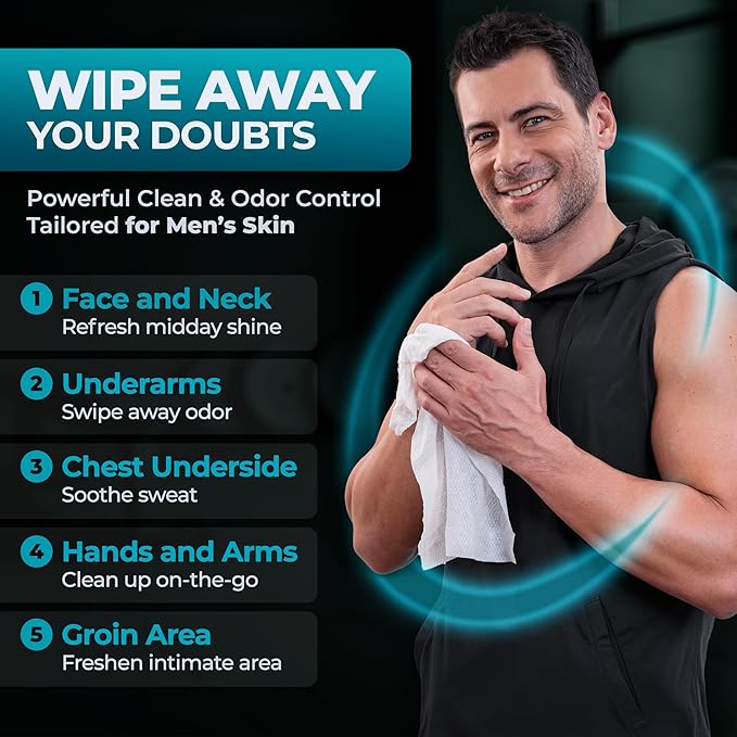 XL Body Wipes for Men - 50 No Rinse Shower Sheets + 4 Travel Bath Sachets - 9"x12" After Gym Mens Deodorant Wipes - Adult Disposable Washcloths, Face Towels for Camping Essentials & Survival Gear