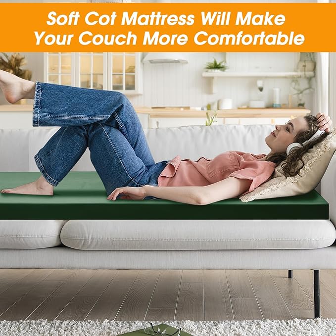 CYMULA Camping Cot Mattress 2in Memory Foam Sleeping Pad,Soft Warm Non-Slip Camping Mattress Topper with Retaining for Adults,Portable Roll up Pad for Travel(75 x30)（only Mattress）