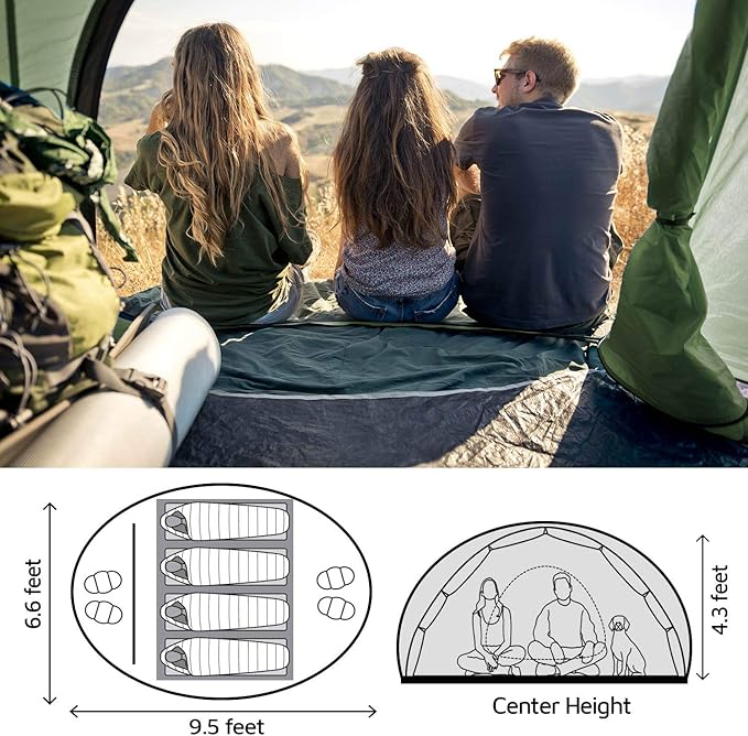 4 Person Easy Pop Up Tent,9.5’X6.6’X52'',Waterproof, Automatic Setup,2 Doors-Instant Family Tents for Camping, Hiking & Traveling
