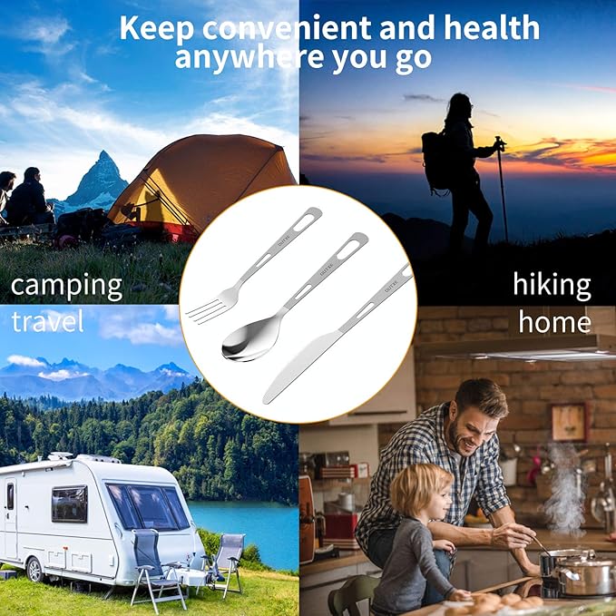 OUTXE Titanium Flatware Polished Knife Fork Spoon Set Lightweight Ti Camping Utility Cutlery Set with Carrying Bag for Traveling Picnic Hiking