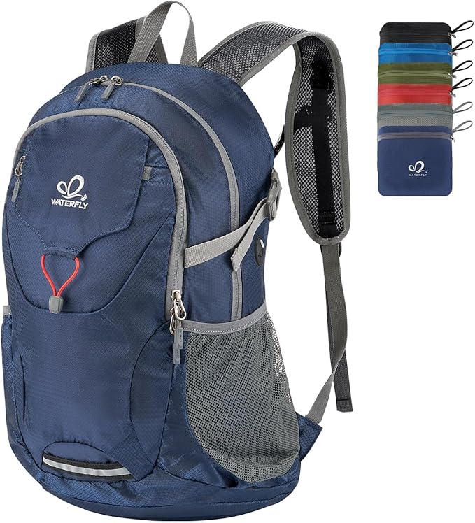 WATERFLY Lightweight Packable Hiking Backpack: 30L Foldable Travel Daypack Ultralight Camping Day Pack for Woman Man Dark Blue