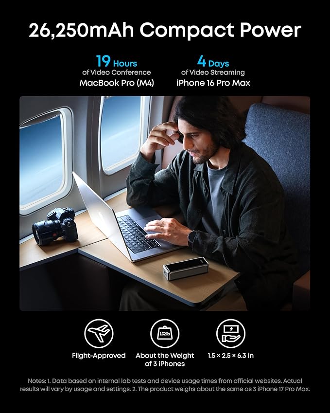 Anker Prime Power Bank, 26,250mAh 3-Port Portable Charger with 300W Max Output, Two-Way Charging, TSA-Approved, App Control, for MacBook, iPhone 17/16 Series, and More (Base Not Included)