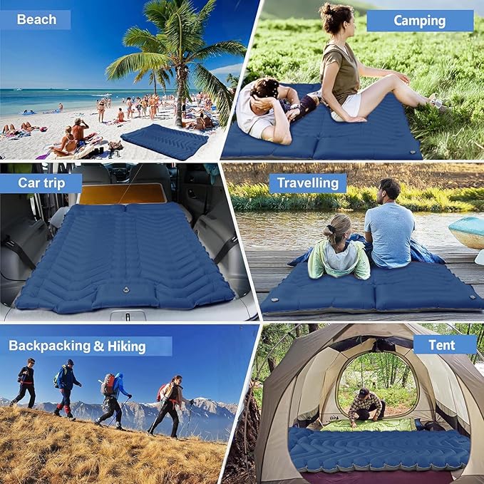 Double Sleeping Pad for Camping, Ultralight Camping Mattress with Pillow, Built-in Foot Pump, Thick Self-Inflatable 2-Person Portable Mat for Backpacking Hiking Car Traveling Beach Tent