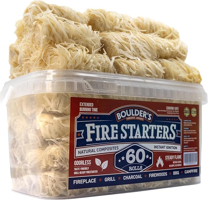 Fire Starter Rolls 60 Pack - Dense, Waterproof, Odorless - Firestarter for BBQ, Charcoal Grills, Camping, Fire Pit, Indoor Fireplace, Wood Stove - Natural, Quick Ignition, Long Burn Charcoal Starter