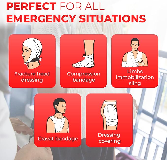 Triangular Bandage, 40" x 40" x 56", 100% Cotton, Individually Wrapped with 2 Safety Pins Per Bandage, Multi-Purpose Sling & Dressing for First Aid Kits – 24 Pack