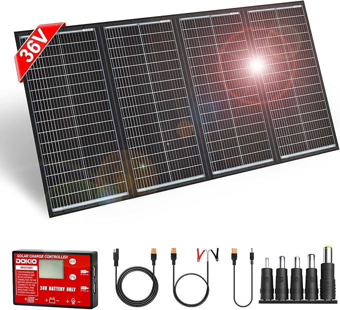 DOKIO 300W 36V Portable Folding Solar Panel Kit for 24V Batteries & Power Stations Lightweight Charger for AGM, LiFePO4, Deep Cycle — RV, Trailer, Truck, Boat, Camping, Van, Emergency