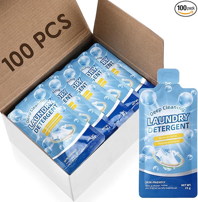 Loopeer 100 Pcs Individual Travel Laundry Detergent 0.88 oz Portable Detergent Packets Travel Size Single Use Liquid Soap for Traveler Hostel Essentials Cleaning