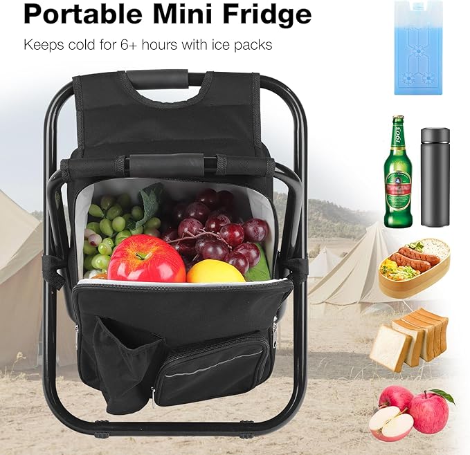 Lightweight Backpack Stool Cooler Chair Heavy Duty 350lbs for Adults, Folding Camp Stool with 15L Insulated Cooler for Fishing, Black