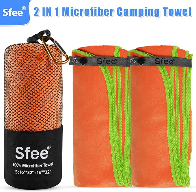 Sfee 2 Pack Microfiber Travel Towel, Quick Dry Towel Camping Towel Beach Towel Super Absorbent Compact Lightweight Sports Gym Towels Set for Beach, Gym, Hiking, Pool, Backpacking, Bath, Yoga