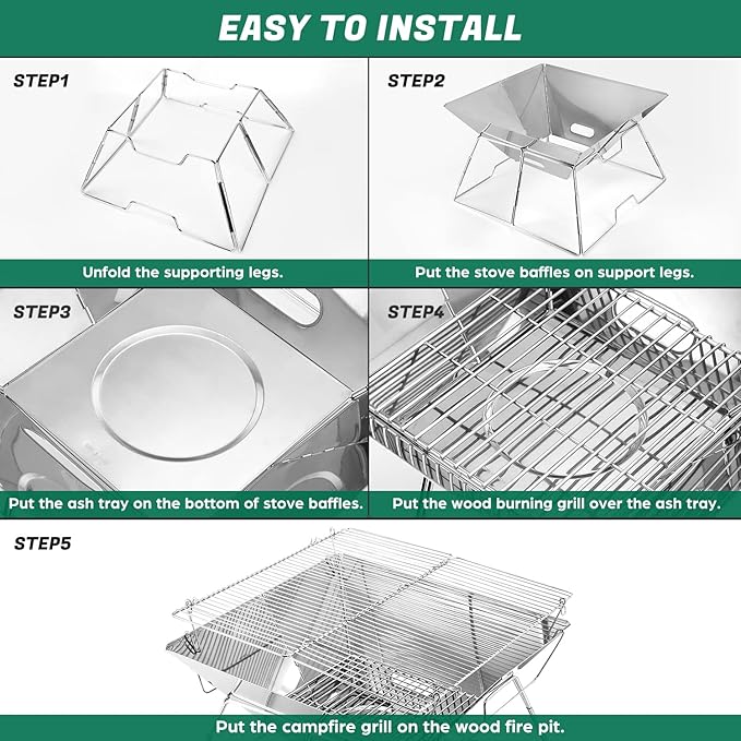 Odoland Folding Campfire Grill, 304 Stainless Steel Grate Barbeque Grill, Portable Camping Grill with Legs for Picnics, Backpacking, Outdoor with Carrying Bag and Kitchen Tongs