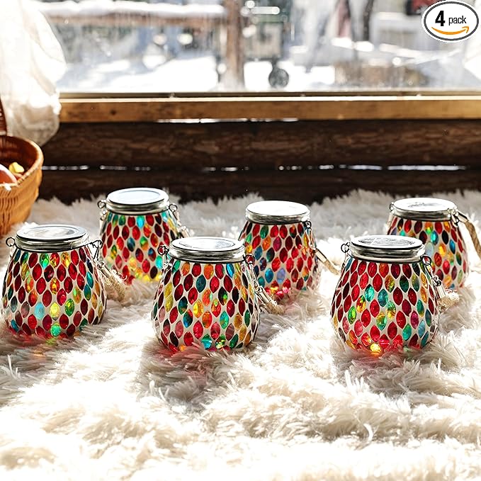 Cooo 4 Pack Mosaic Solar Lantern Outdoor Waterproof IP68 Hanging Projection Light Hidden Lid Pear-Shaped Lantern with Rope Handle Solar Powered Auto On for Patio Garden Fence Table - Crimson Ember