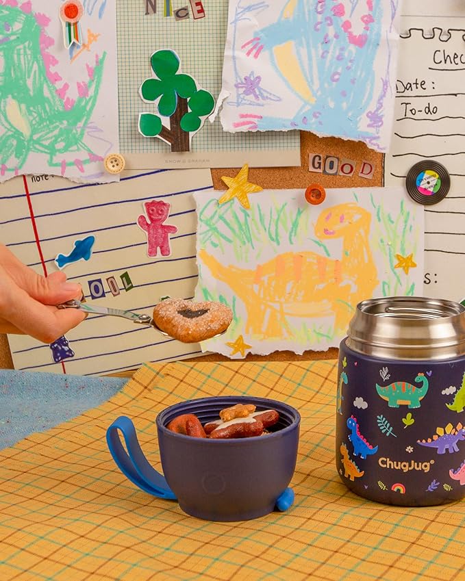 Kids Soup Thermo for Hot Food - 18 oz Wide Mouth Insulated Food Jar with Spoon for Kids| Leakproof Stainless Steel Lunch Thermo Container for Hot Food,School Travel - Easy Carry (Blue Dinosaur)