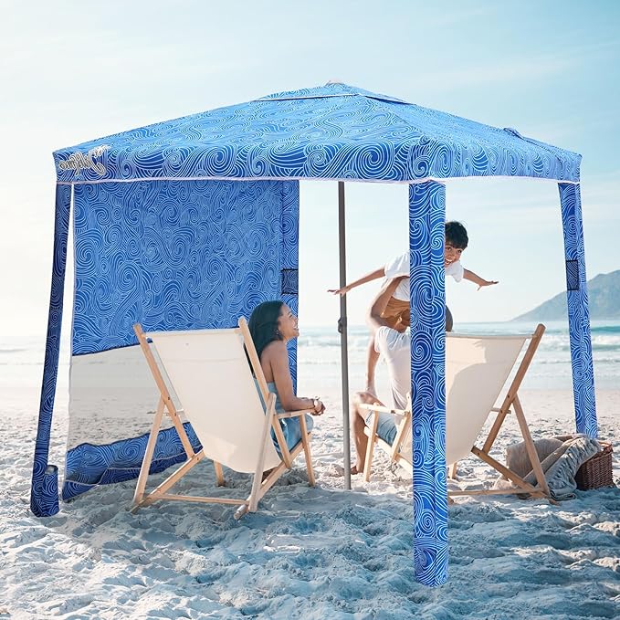 Beach Cabana, 6.2'×6.2' Beach Canopy with Side Wall, UPF 50+ UV Protection Easy Setup Tent Sun Shelter with Sand Pockets for Whole Family(Surging Waves)