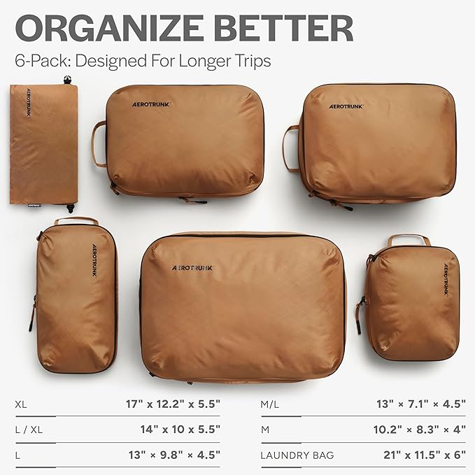Ultralight Compression Packing Cubes - Lightweight Travel Organizers for Suitcases and Luggage (6-Pack, Mocha)
