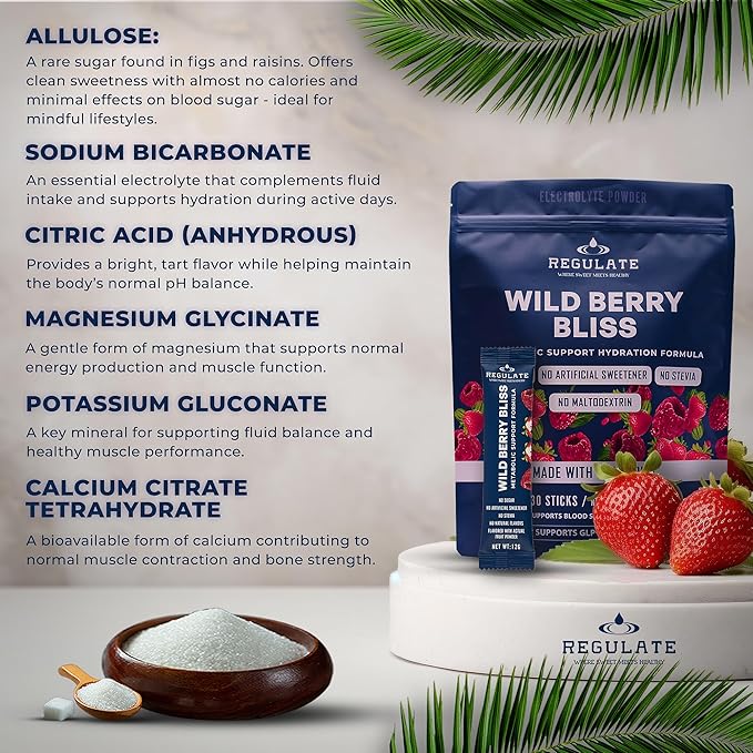 Regulate – Wild Berry Bliss Electrolyte Drink Mix | 30 Sticks | with Chromium & Electrolytes | Sweetened with Allulose & Monk Fruit | No Sugar, No Stevia | Vegan, Gluten-Free