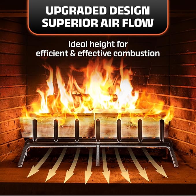 Idzo Cast Iron Fireplace Grate 24 inch, 3/4" Bar Fireplace Log Grate with Extra Leg for Sturdy Stand & Better Air Flow, Quick Assembly Fireplace Wood Grate for Indoor & Outdoor