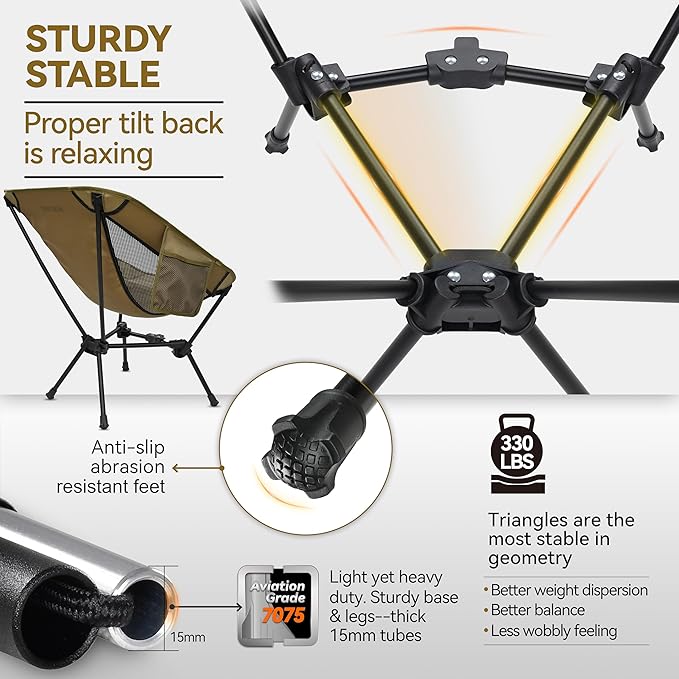 MARCHWAY Lightweight Folding Camping Chair, Portable Foldable Compact for Outdoor Camp, Travel, Beach, Picnic, Festival, Hiking, Backpacking, Supports 330Lbs (Khaki)