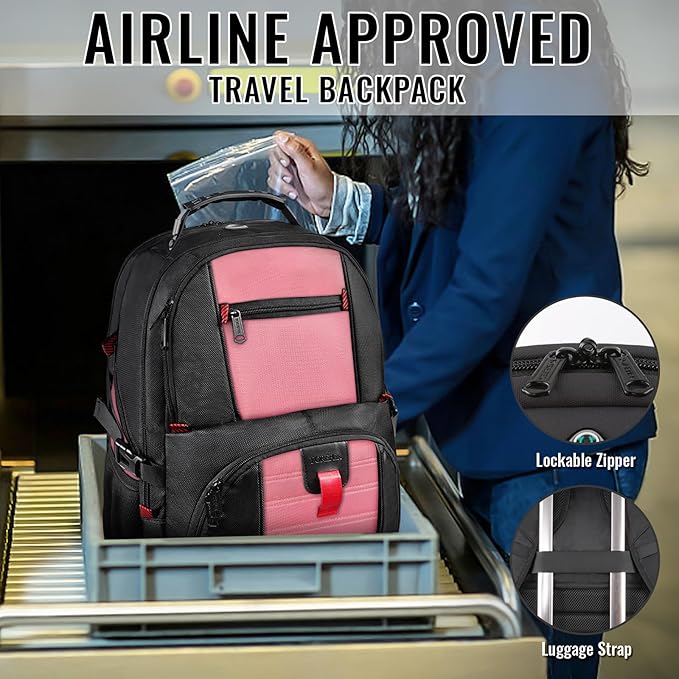YOREPEK Travel Backpack, 50L Laptop Backpacks for Men Women, Water Resistant Airline Approved Bag with USB Charging Port Fits 17 Inch Computer, Pink