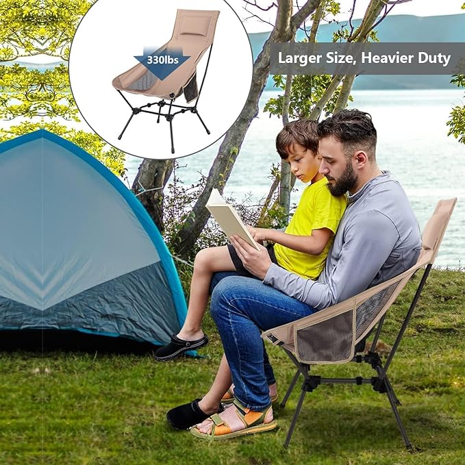 Folding High Back Camping Chair, Portable Lightweight Beach Chair with Headrest, Adjustable Height Backpacking Portable Compact Picnic Chair for Camp Hiking, Khaki