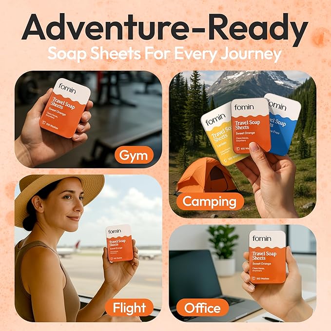 FOMIN - Antibacterial Paper Soap Sheets for Traveling - 100 Orange Portable Hand Soap Sheets for Travel in Tin - Dissolvable Mini Portable Travel Soap Sheet for Hand Washing, Camping and Hiking