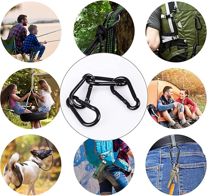 3 Inch Carabiner Spring Snap Hook Steel Clip Link Buckle Heavy Duty 8x80mm 10 Pcs for Outdoor Camping Hiking Hammock Swing, Black
