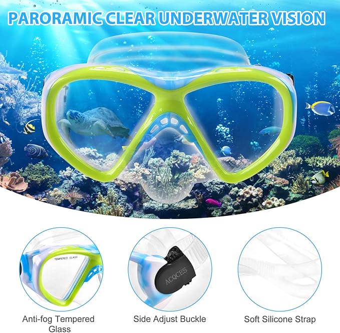 Kids Snorkel Set Dry Top Snorkeling Gear for Kids Youth Boys Girls Junior Age 5-15,Tempered Glass Swimming Diving Mask and Snorkel Set 180 Degree Panoramic View