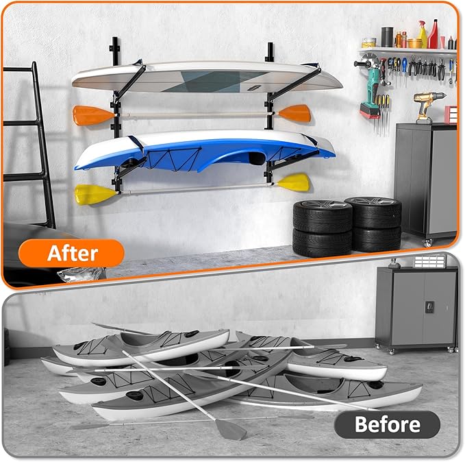 Kayak Storage Rack for Garage Wall Mount - Heavy L-Frame Holder with Anti-Slip Bungee & Complete Installation Kit, Supports 150LB (Fits Canoe/Paddle Board, Black) (1PACK)