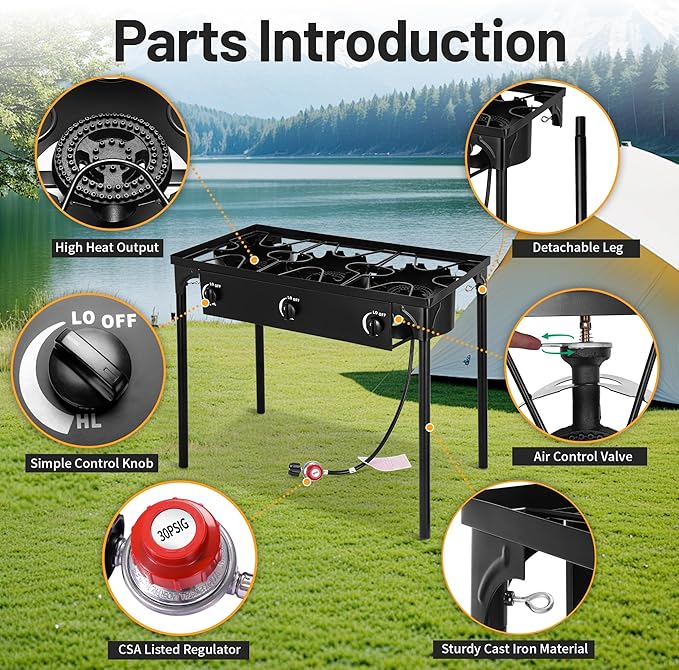 Outdoor Camping Stove, 225000 BTU, High Pressure 3 Burner, Propane Gas Cooker with Detachable Legs, 30 PSI Regulator