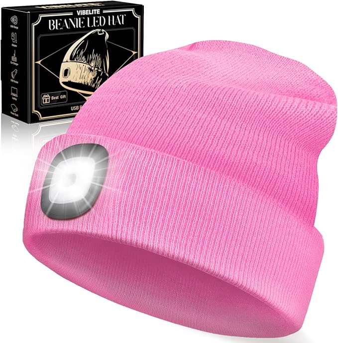 VIBELITE LED Beanie Hat with Light, USB Rechargeable LED Headlamp, Gifts for Men, Him, Husband, Boyfriend, Gifts for Dad, Husband, Father, Pink