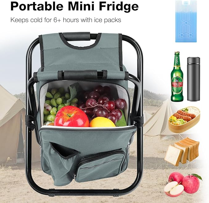 Folding Camping with Cooler Heavy Duty 350lbs for Adults, Portable Backpack Cooler Chair for Hunting, Gray