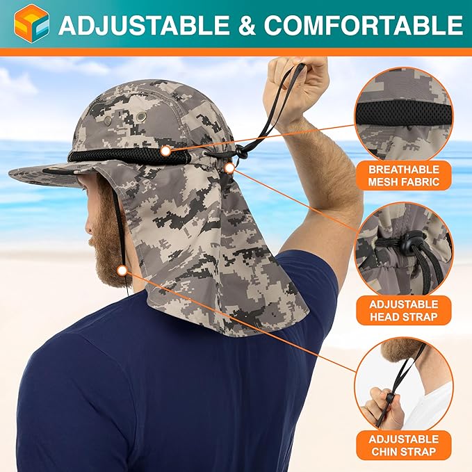 SUN CUBE Sun Hat for Men, Wide Brim Fishing Hat Neck Flap Cover Men, Women, Hiking, Camping, Sun Protection UV, Gardening