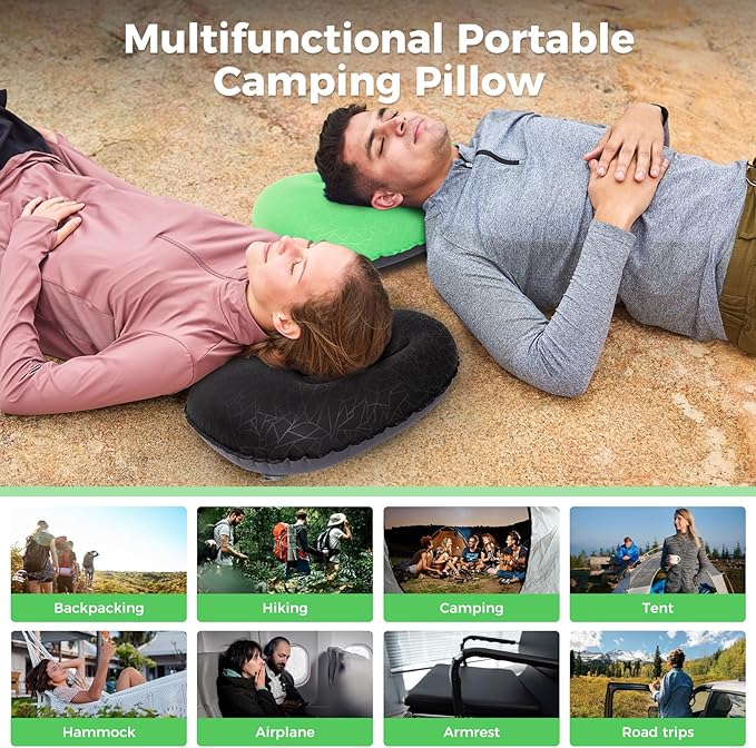 ATEPA Inflatable Camping Pillow, Ultralight Waterproof Travel Pillow with Ergonomic Support & Leak-Proof Air Valve, Compact Portable Pillow for Hiking Backpacking Tent Airplane Beach, Light Green