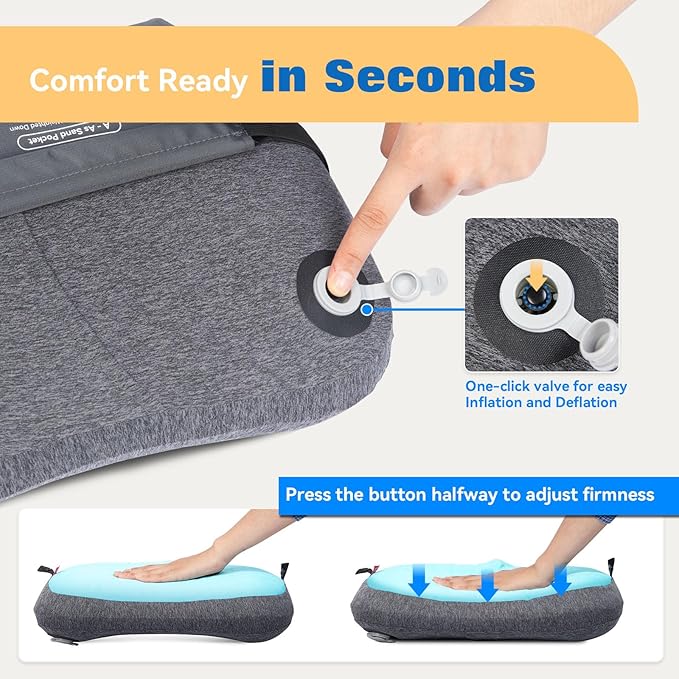 Hikenture Beach Pillow for Sand 2-Pack, Washable Inflatable Pillows for Pool, Portable Camping Pillows with Removable Cover, Soft Air Sand Pillow Built-in Sandbag