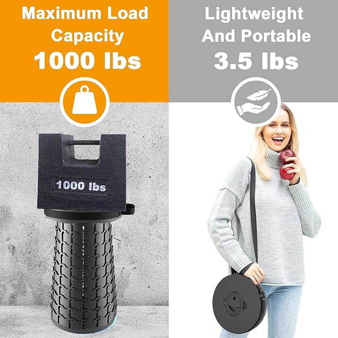 ALEVMOOM Upgraded XXL 19.7" Collapsible Stool, Heavy Duty Portable Folding Stool Max Load 1000 lbs, Retractable Telescoping Foldable Seat for Camping Fishing Hiking Travel BBQ