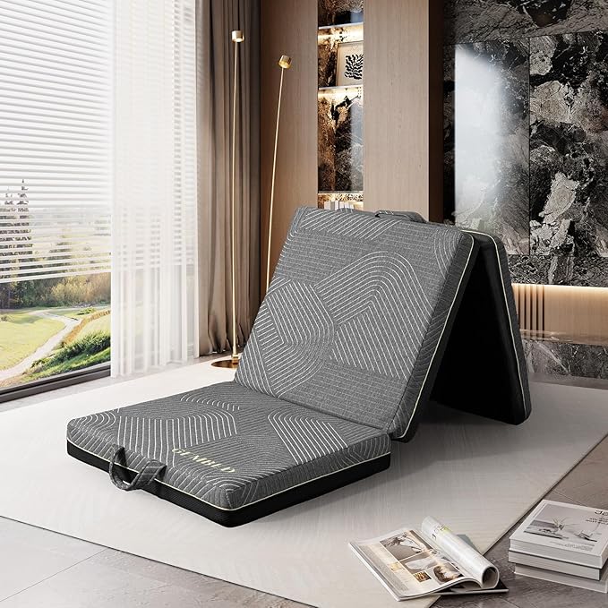 Tri Folding Mattress Single Size - Memory Foam Tri-fold Mattress, Handle & Non-Slip Bottom, Portable Foldable Sofa Bed Floor Mattres Chair for Travel RV Camping Guest Yoga - 4 Inch, 75"x25"x4"