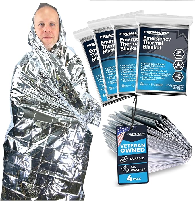 FRONTLINE Mylar Emergency Blankets 54" x 84" | Lightweight Thermal Survival Space Blanket, Waterproof & Windproof Foil Blanket for Camping, Hiking, First Aid & Disaster Preparedness (4)