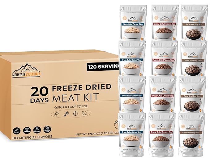 MOUNTAIN ESSENTIALS 120 Servings Freeze Dried Premium Variety Fully Cooked Meat Kit | High Protein Intake Contains 2988 Protein Ready to Eat Emergency Survival Easy Prep Food For Camping & Backpacking