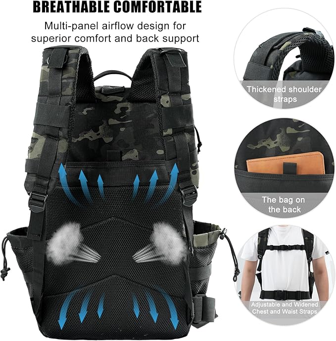 Military Tactical Backpack 25L Day Backpack for Men Molle Army 3 Days Assault Pack Bug Out Bag Water Resistant and Heavy Duty Hiking Treeking Rucksack - Black Camo